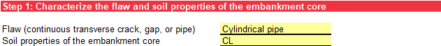 Step 1 of Probability Tables worksheet: Flaw type and embankment core soil properties input.